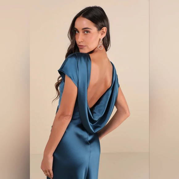 Lulus Captivating Presence Dark Teal Satin Cowl Back Maxi Dress L Wedding Party - Picture 5 of 10